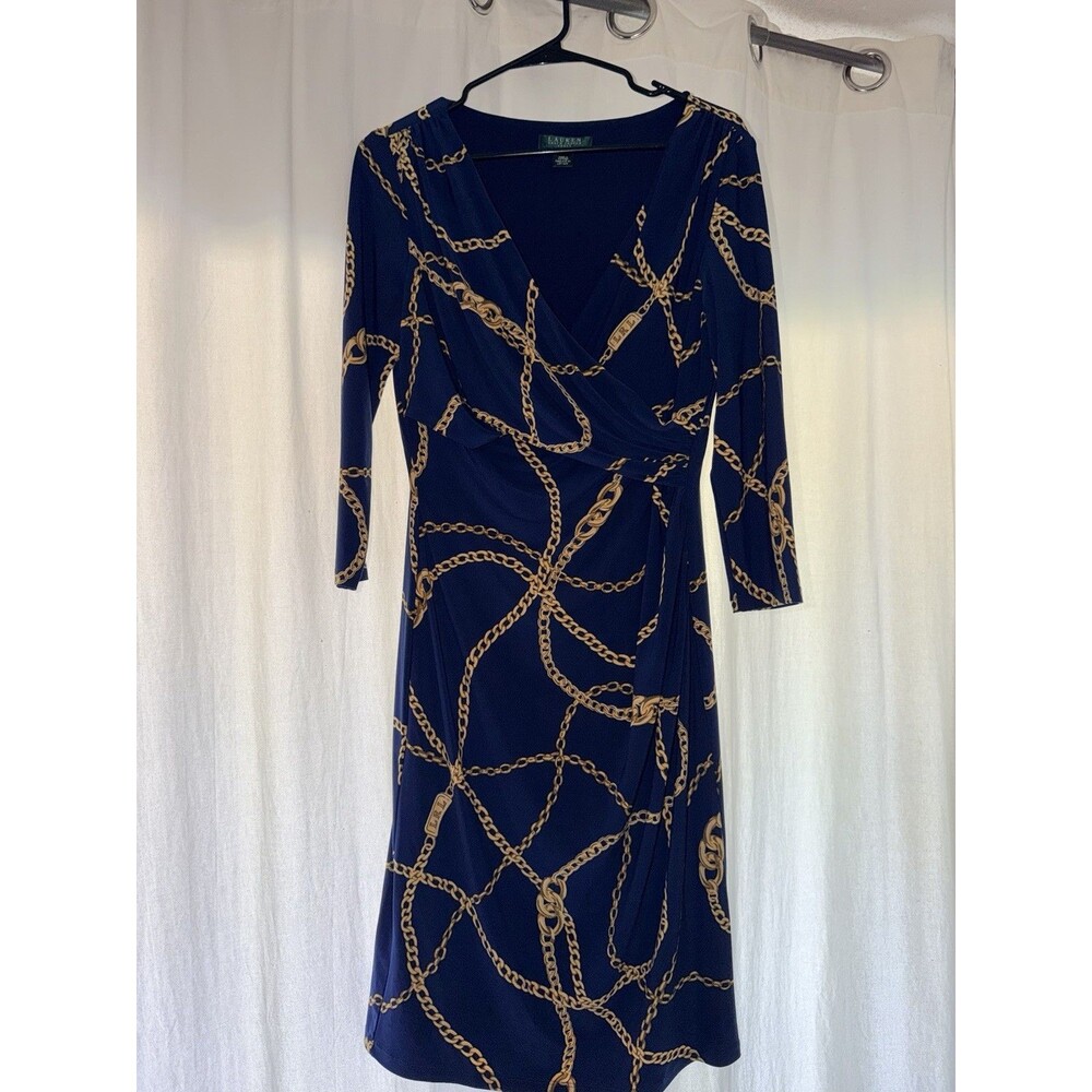 Lauren Ralph Lauren Nautical Dress with Blue Anchor Link Chains Sz 10 Yacht Gold